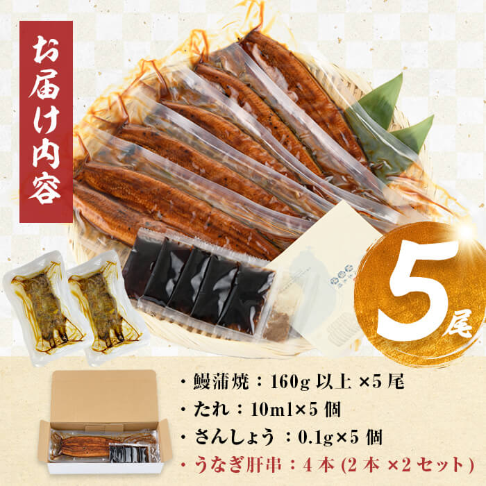 数量限定】国産 八本木樽鰻の蒲焼(160g以上×5尾) うなぎ肝串4本セット